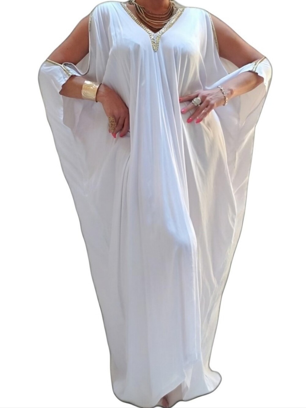 Gorgeous Long White Gold Beaded Batwing Sleeve Cutout Caftan Kaftan